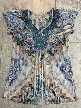 World Unity Blue Beige Geometric Beaded V-Neck Flutter Sleeve Tunic Blouse M